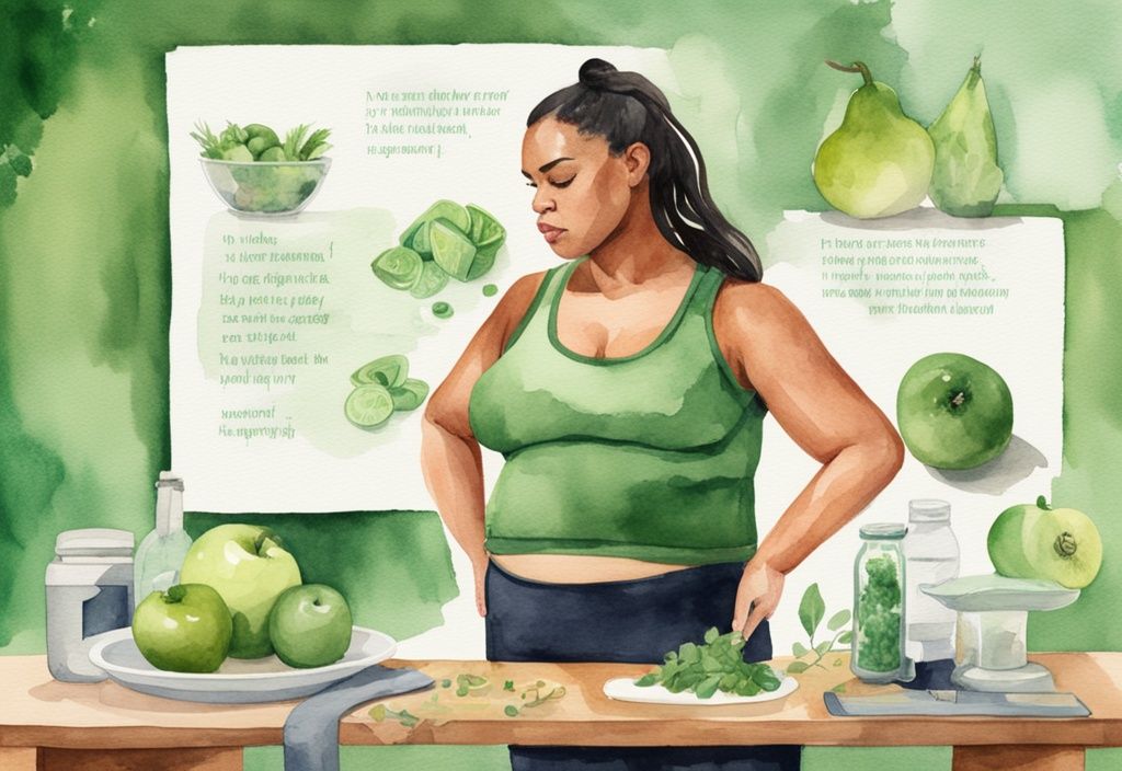 Moderne Aquarellillustration einer entschlossenen Frau, die ihre Taille misst, vor einem Hintergrund mit Collagen aus Fitnessroutinen, gesunder Ernährung und einer Waage, die ihre radikale Abnehmreise darstellt; radikal abnehmen egal wie.