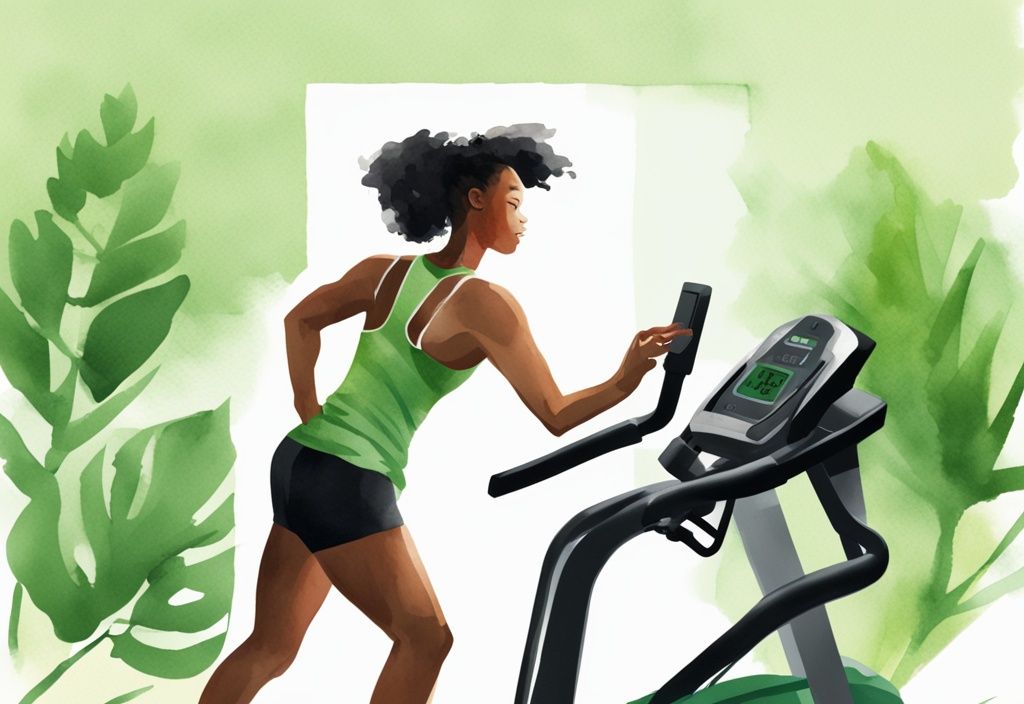 Moderne Aquarell-Illustration einer motivierten Person beim intensiven Training auf einem Crosstrainer, mit grünem Farbschema und digitalem Countdown-Timer im Vordergrund.