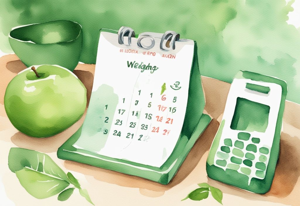 Moderne Aquarellillustration mit Waage und Kalender, die eine regelmäßige Gewichtskontrolle während der Abnehmreise symbolisieren.