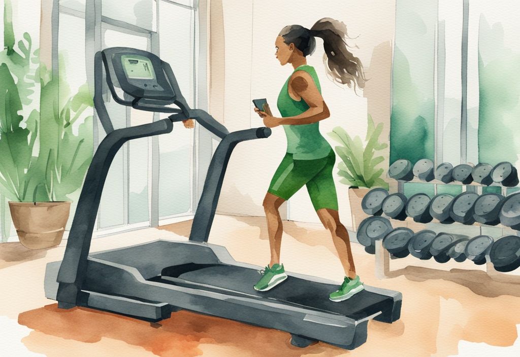 Moderne Aquarellillustration einer entschlossenen Person auf einem Crosstrainer im Fitnessstudio mit Stoppuhr, die die lange Zeit zur Gewichtsabnahme zeigt - Crosstrainer abnehmen wie lange.