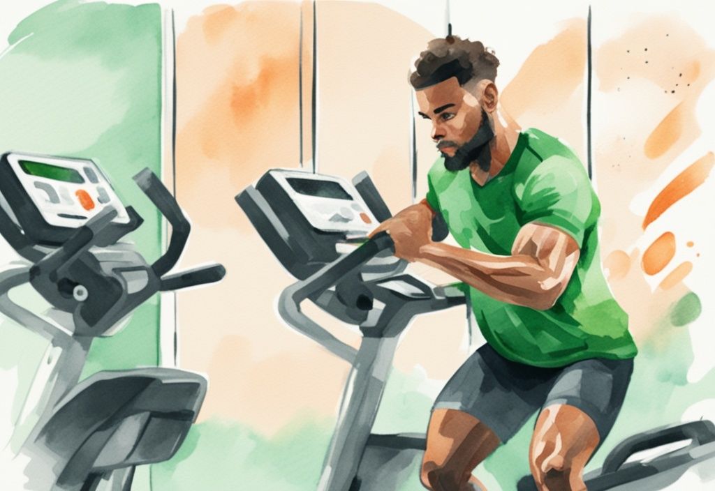 Moderne Aquarellillustration eines motivierten Individuums, das auf einem Crosstrainer trainiert, mit grünem Farbschema und digitalem Countdown-Timer im Vordergrund.