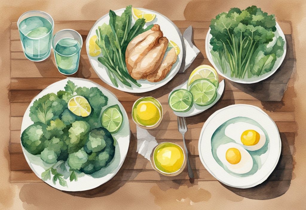 Moderne Aquarell-Illustration von gesunden, kalorienarmen Lebensmitteln für das Abendessen, wie gegrilltes Hähnchen, grünes Gemüse, Eier, Vollkornprodukte und ein Glas Wasser mit Zitrone – was kann man abends essen wenn man abnehmen will.