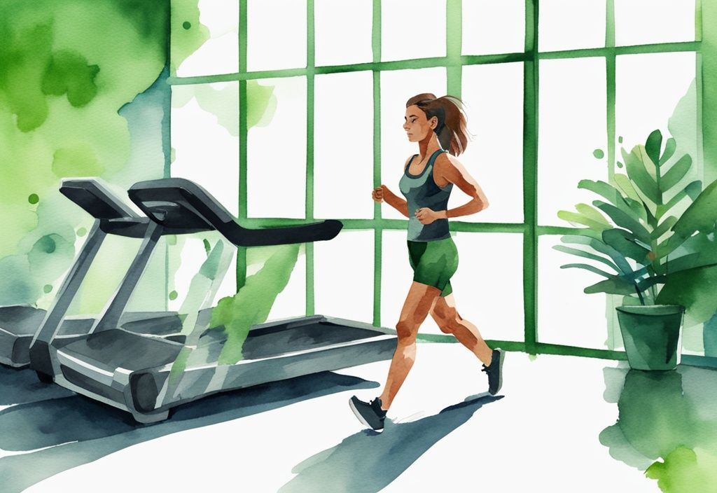 Moderne Aquarellillustration einer Person, die auf einem Laufband geht und die Zeit auf einer Fitnessuhr überprüft, mit intensiver Entschlossenheit im Gesicht; wie lange Laufband zum Abnehmen.