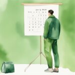 Moderne Aquarellillustration einer schlanken Person neben einer übergroßen Hose mit einem Kalender im Hintergrund, der einen Monat markiert, wie viel Gewicht kann man in einem Monat verlieren.