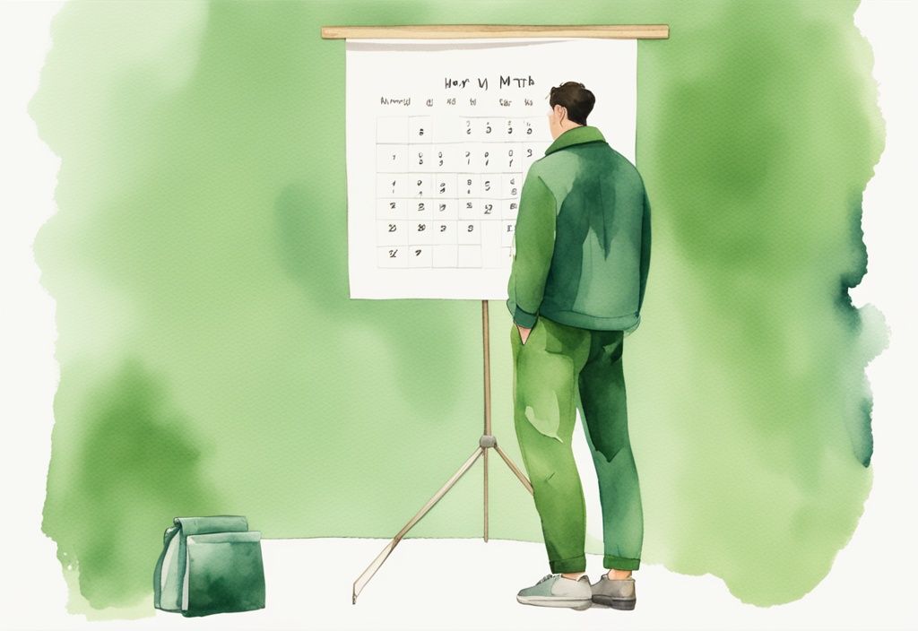 Moderne Aquarellillustration einer schlanken Person neben einer übergroßen Hose mit einem Kalender im Hintergrund, der einen Monat markiert, wie viel Gewicht kann man in einem Monat verlieren.