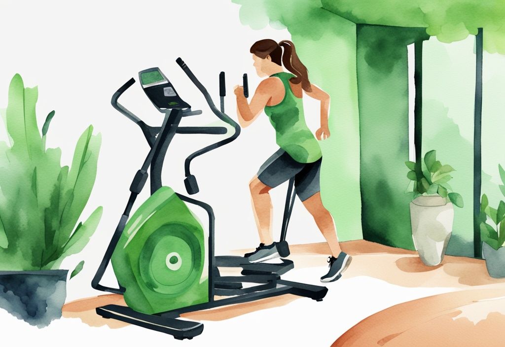 Moderne Aquarell-Illustration einer Person auf einem Crosstrainer mit grünem Farbschema und digitalem Timer.