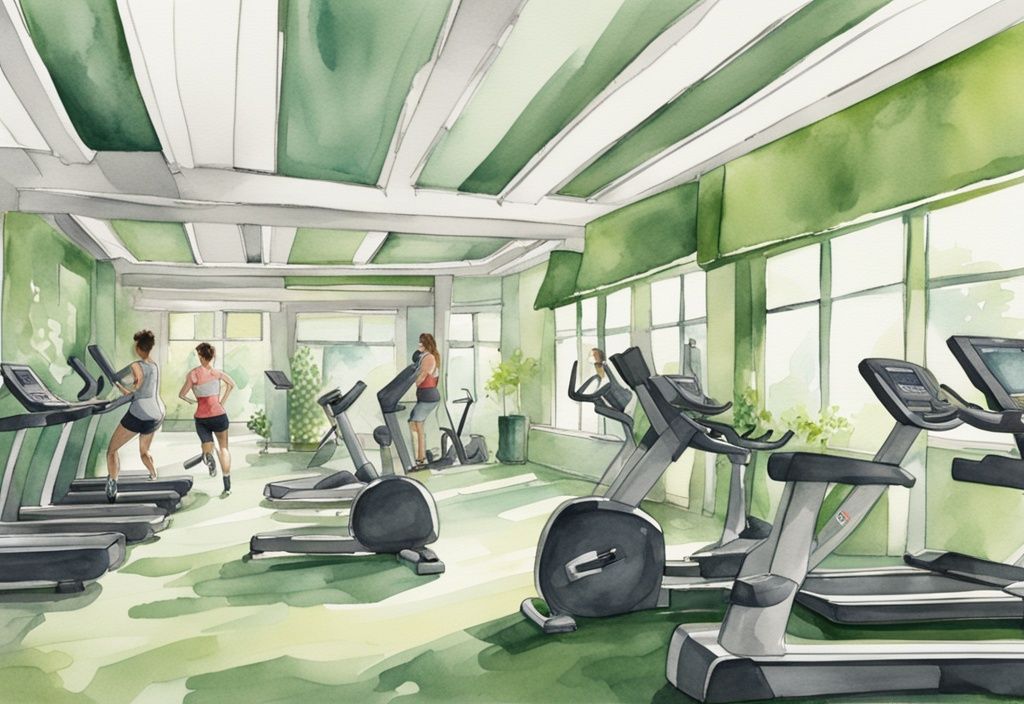 Moderne Aquarell-Illustration eines geräumigen, gut beleuchteten Fitnessstudios mit grüner Farbgebung, das verschiedene Fitnessgeräte wie Laufbänder, Heimtrainer und Rudergeräte zeigt, während eine schlanke Person ruhig trainiert.