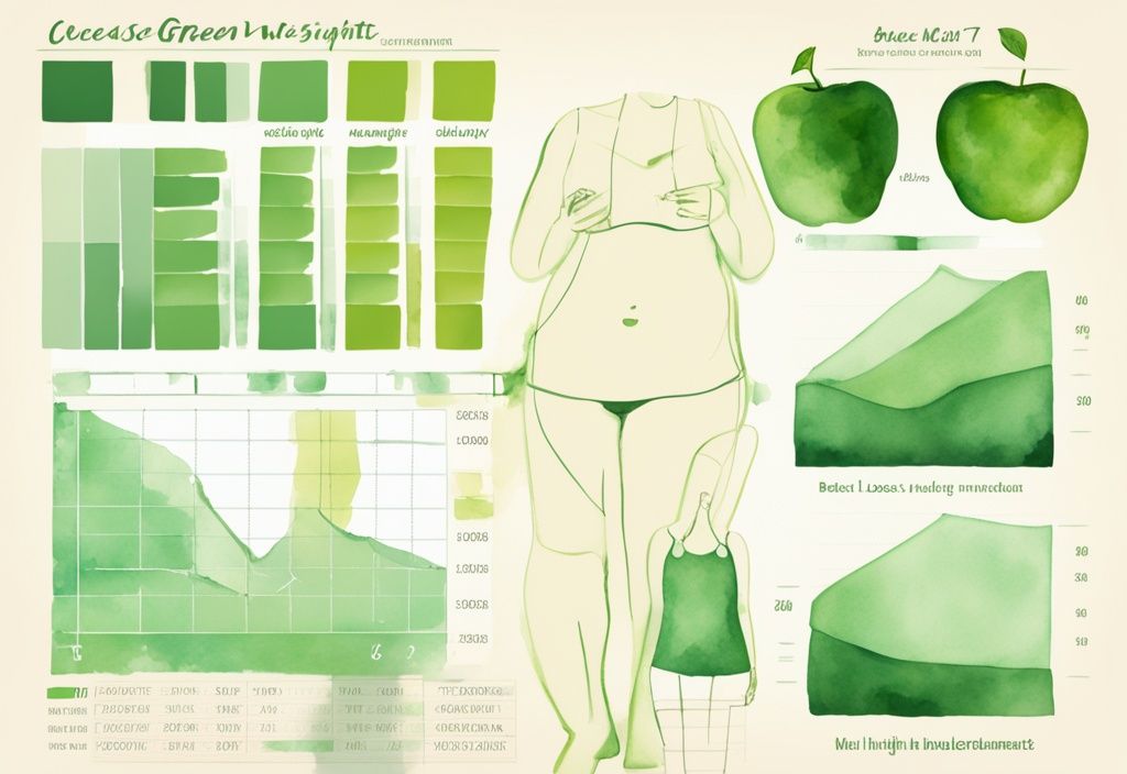 Moderner Aquarell-Vergleichsdiagramm zeigt Abnahme der Brustgröße bei Gewichtsverlust mit relevanten Statistiken und Messungen, grüne Farbthematik