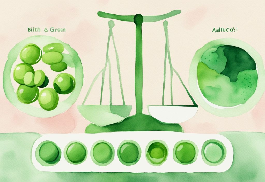 Moderne Aquarellillustration in Grün mit verschiedenen Arten von Antibabypillen auf einer Waage, die Gewichtsverlust symbolisiert