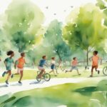 Moderne Aquarellillustration von Kindern, die im Park Sport treiben, wie Laufen, Fußball spielen, Radfahren und Seilspringen, um zu zeigen, wie können Kinder abnehmen.