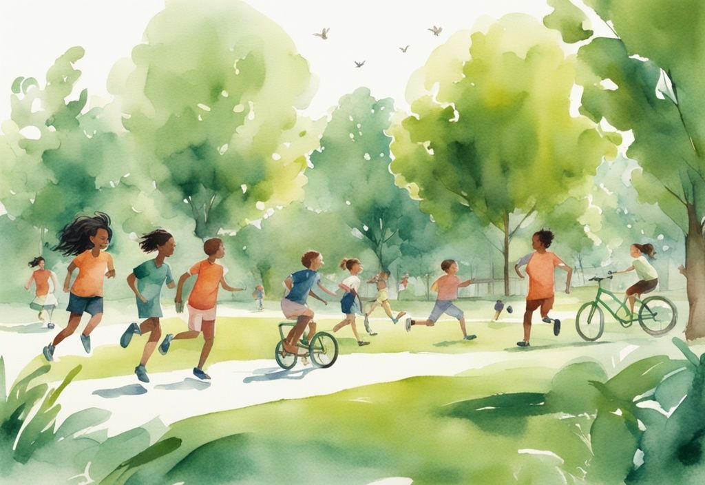 Moderne Aquarellillustration von Kindern, die im Park Sport treiben, wie Laufen, Fußball spielen, Radfahren und Seilspringen, um zu zeigen, wie können Kinder abnehmen.