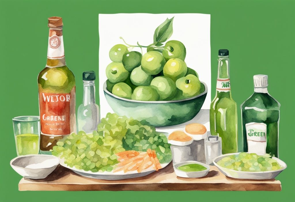 Moderne Aquarellillustration mit grünem Farbschema, Waage zeigt alkoholische Getränke auf einer Seite und gleichwertige fettige Lebensmittel auf der anderen, veranschaulicht Kalorienvergleich