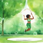 Moderne Aquarellillustration eines fitten und glücklichen Individuums, das im Park einen Hula Hoop mit Gewicht benutzt, mit Grafiken zu Vorteilen wie verbesserter Fitness, besserer Haltung und Kalorienverbrennung; was bringt Hula Hoop mit Gewicht