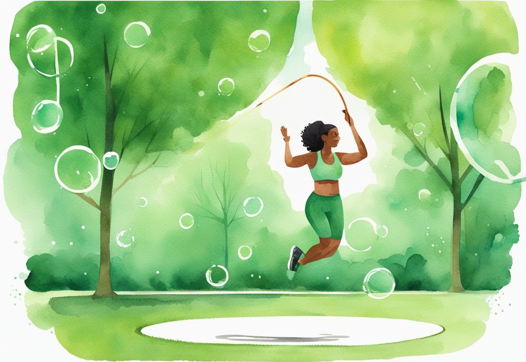 Moderne Aquarellillustration eines fitten und glücklichen Individuums, das im Park einen Hula Hoop mit Gewicht benutzt, mit Grafiken zu Vorteilen wie verbesserter Fitness, besserer Haltung und Kalorienverbrennung; was bringt Hula Hoop mit Gewicht