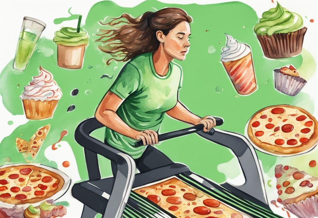 Moderne Aquarellillustration einer erschöpften Person auf einem Laufband, umgeben von schwebenden ungesunden Lebensmitteln wie Pizza und Cupcakes, Hauptfarbe grün