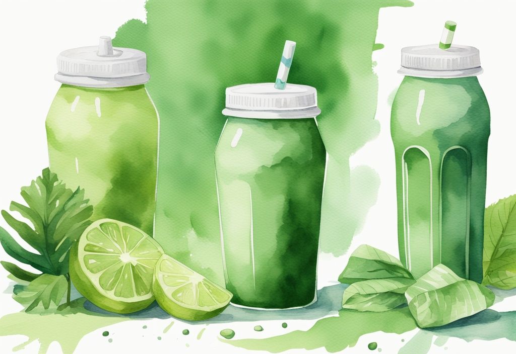 Moderne Aquarellillustration von Proteinshake-Flaschen mit Tageszeiten neben einer schlanken Silhouette, Hauptfarbe grün