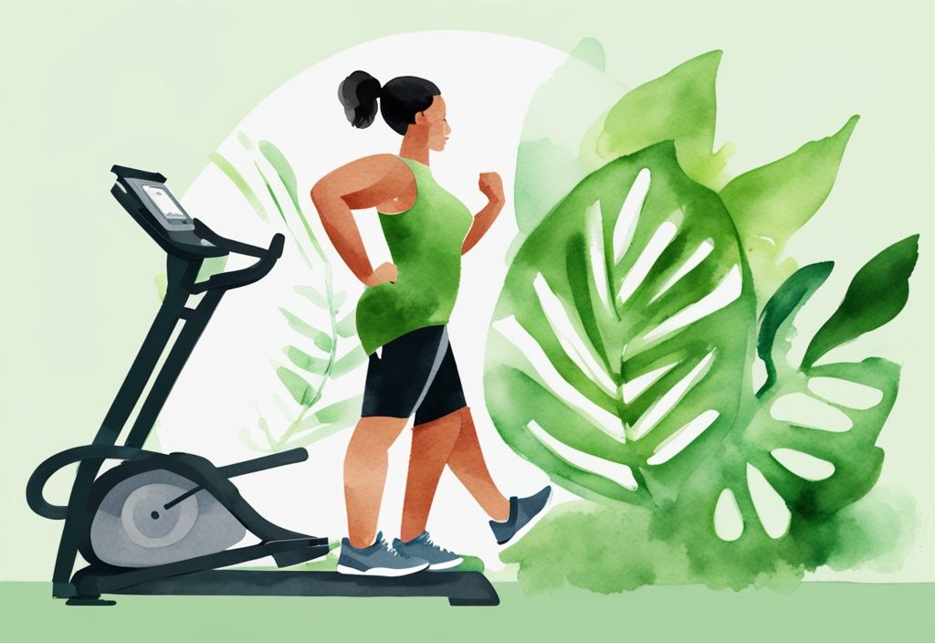 Moderne Aquarellillustration einer entschlossenen Person auf einem Crosstrainer im Fitnessstudio mit einer Stoppuhr, die eine lange Trainingsdauer zur Gewichtsabnahme anzeigt - Crosstrainer abnehmen wie lange.