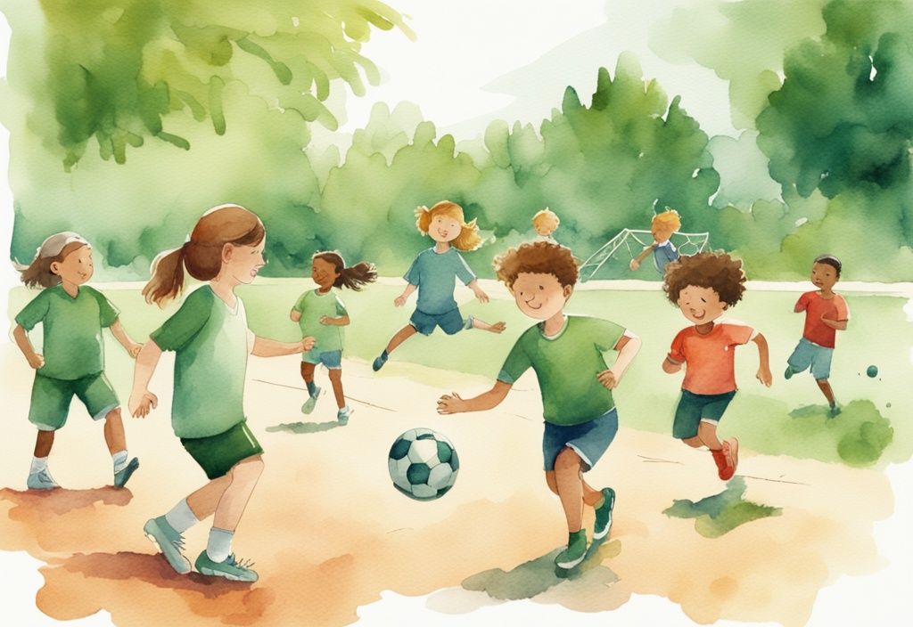 Moderne Aquarellillustration von Kindern bei Outdoor-Aktivitäten wie Fußballspielen und Seilspringen, mit einer Gewichtsskala an der Seite, die Gewichtsverlust anzeigt