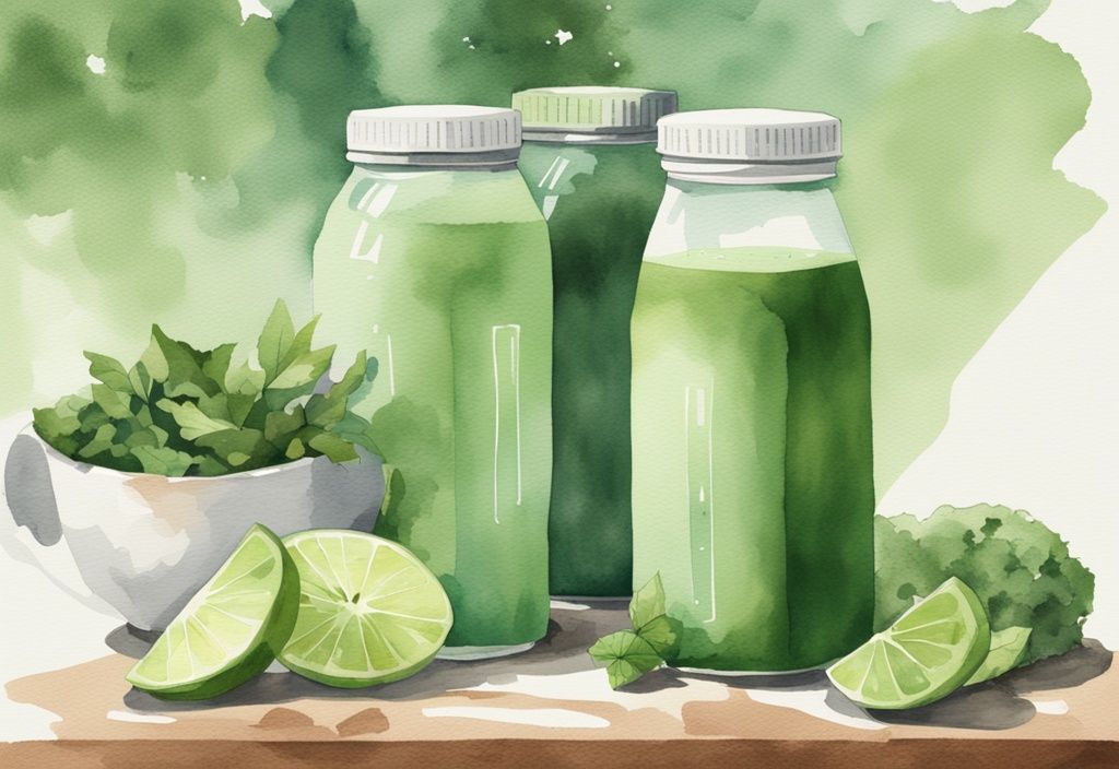 Moderne Aquarellillustration mit grüner Farbgestaltung, Proteinshake-Flaschen mit Tageszeiten neben schlanker Silhouette