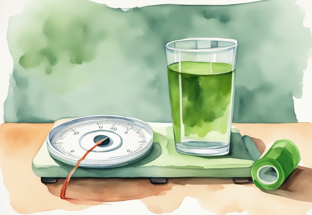 Moderne Aquarellillustration mit grünem Farbschema, Glas stilles Wasser, Waage und Maßband, symbolisiert Gewichtsverlust