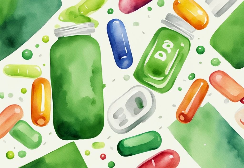 Moderne Aquarell-Illustration mit grünem Farbthema, bunte Vitaminkapseln um eine Waage verteilt, symbolisiert Gewichtsverlust