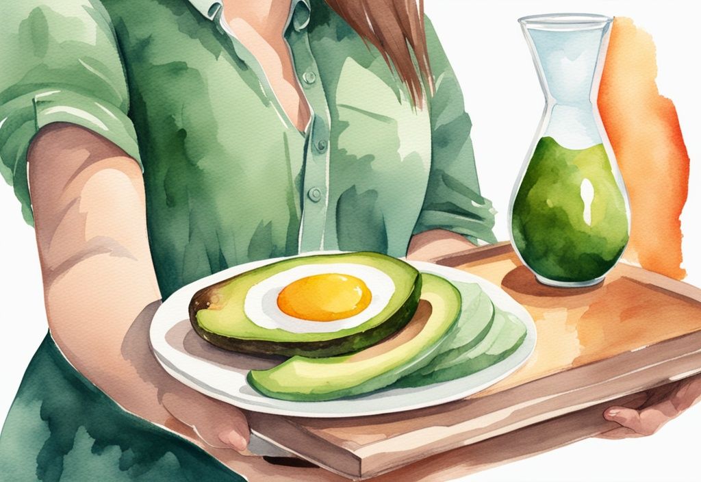 Moderne Aquarellillustration eines fitten und zufriedenen Individuums, das eine Sanduhr betrachtet und einen Teller mit ketogener Diätkost wie Avocado, Eiern und Fleisch hält, Hauptfarbthema grün