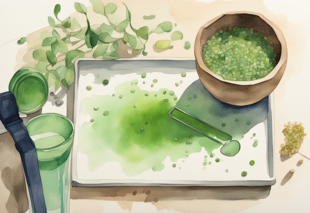 Moderne Aquarellillustration mit grünem Farbschema, Löffel mit Flohsamenschalen im Vordergrund, Maßband, Glas Wasser und Waage im Hintergrund