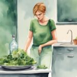 Moderne Aquarellillustration einer frustrierten Frau auf einer Waage mit großem Salat und Wasser im Hintergrund, die sich fragt, warum nicht abnehmen trotz Kaloriendefizit.