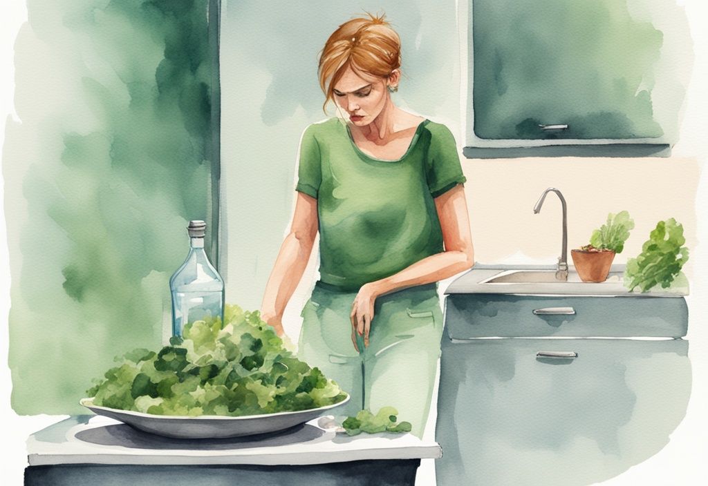 Moderne Aquarellillustration einer frustrierten Frau auf einer Waage mit großem Salat und Wasser im Hintergrund, die sich fragt, warum nicht abnehmen trotz Kaloriendefizit.