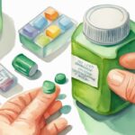 Moderne Aquarellillustration, grüne Farbthematik, Hand dosiert Metformin in Pillenbehälter, Beschriftung "Gewichtsverlust" im Hintergrund, welche Dosis Metformin zum Abnehmen.