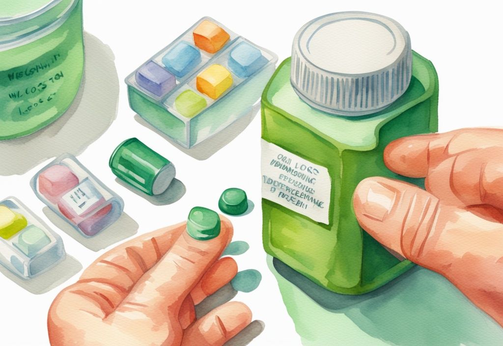 Moderne Aquarellillustration, grüne Farbthematik, Hand dosiert Metformin in Pillenbehälter, Beschriftung "Gewichtsverlust" im Hintergrund, welche Dosis Metformin zum Abnehmen.