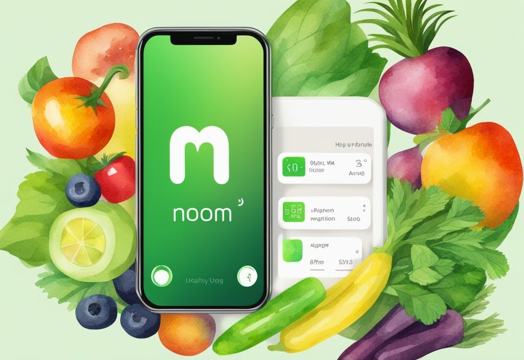 Moderne Aquarellillustration eines Smartphones mit der Noom-App, umgeben von frischem Obst und Gemüse, symbolisiert gesunden Gewichtsverlust