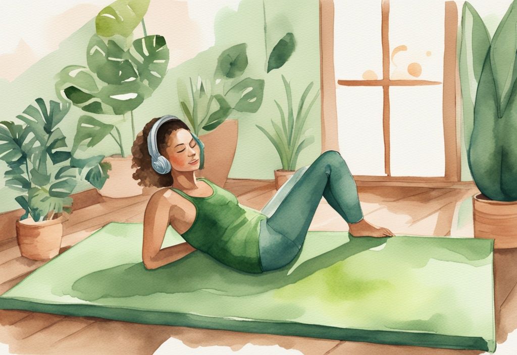 Moderne Aquarellillustration einer Frau, die auf einer Yogamatte liegt und mit Kopfhörern geführte Meditationen zur Gewichtsabnahme hört, Erfahrungen mit Abnehmen im Liegen.