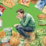 Moderne Aquarellillustration einer perplexen Person, die mit einem bestürzten Ausdruck auf eine Waage schaut, umgeben von Junk-Food-Verpackungen, warum bin ich so fett