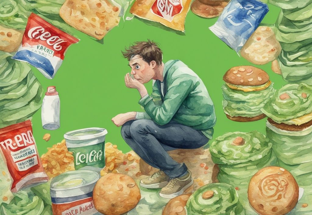 Moderne Aquarellillustration einer perplexen Person, die mit einem bestürzten Ausdruck auf eine Waage schaut, umgeben von Junk-Food-Verpackungen, warum bin ich so fett