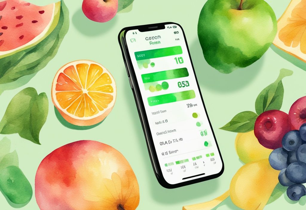 Moderne Aquarellillustration von Fitness- und Kalorien-Tracking-Apps auf einem Smartphone, umgeben von frischen Früchten und einer digitalen Badezimmerwaage, Hauptfarbe Grün