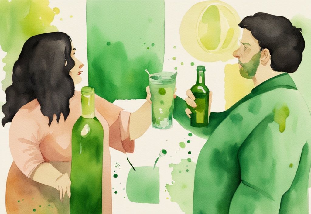 Moderne Aquarellillustration einer Person, die nach einer Fett-weg-Spritze ein alkoholisches Getränk ablehnt