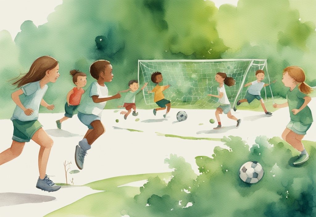 Moderne Aquarellillustration von Kindern, die im Freien Fußball spielen und Seilspringen, mit einer Gewichtsskala am Rand, die Gewichtsverlust anzeigt.