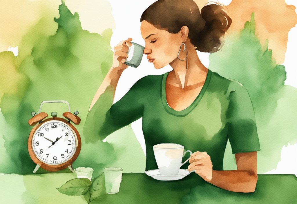 Moderne Aquarellillustration mit grünem Farbthema, schlanke Silhouette hält eine Tasse Zimtee, Stoppuhr im Hintergrund für schnelle Gewichtsabnahme.