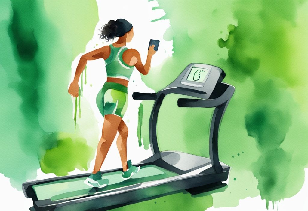 Moderne Aquarellillustration mit grünem Farbschema, Stoppuhr und schwitzender Person auf Laufband zur Veranschaulichung der Dauer von Cardio-Workouts für Gewichtsverlust.