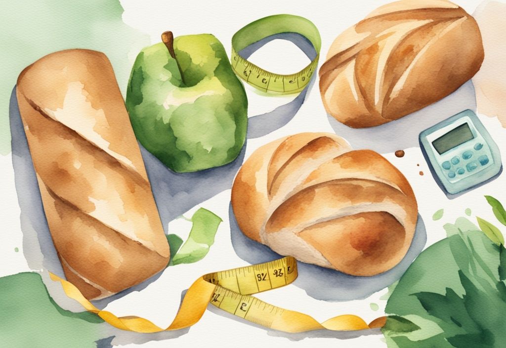 Moderne Aquarellillustration von gesunden Brötchen neben einem Maßband, Symbol für Gewichtsabnahme, grüne Farbthematik