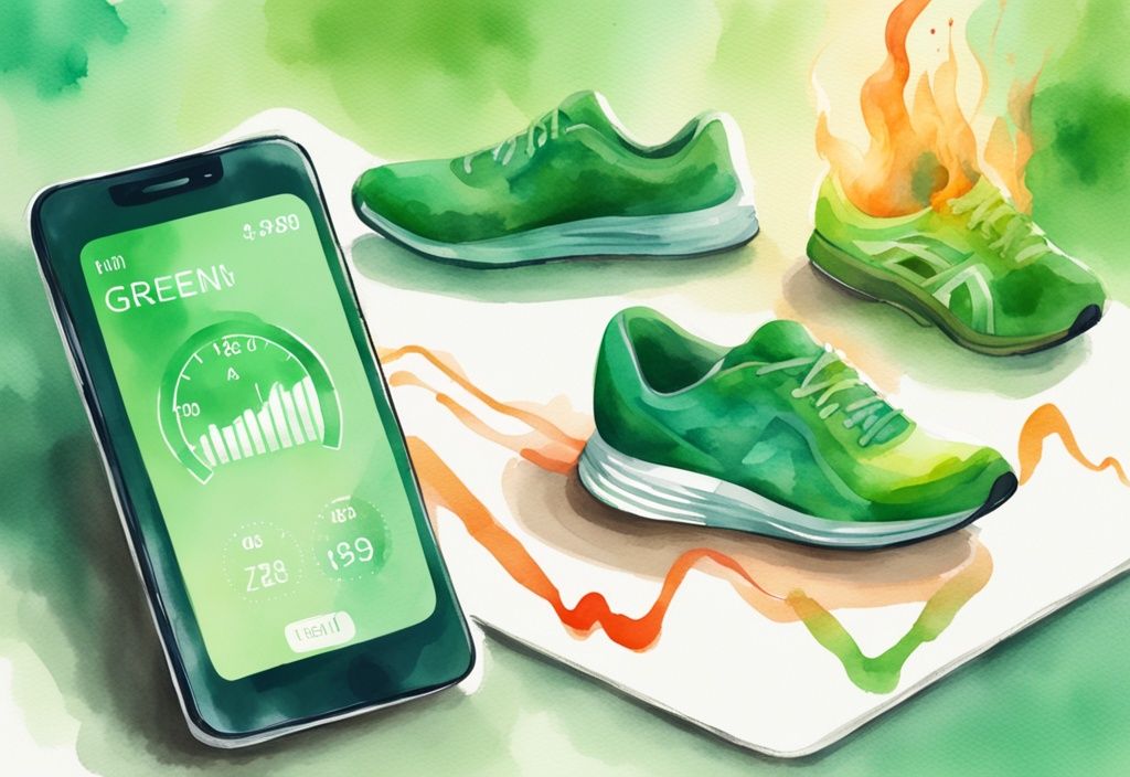 Moderne Aquarell-Illustration in Grün, Smartphone mit Jogging-App zeigt verbrannte Kalorien, auf einer Laufbahn mit Laufschuhen und Stoppuhr.