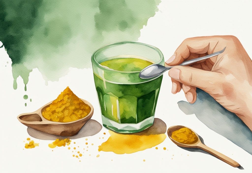 Moderne Aquarellillustration mit grünem Farbschema, Hand hält einen Teelöffel Kurkuma, Glas Wasser und Waage im Hintergrund, symbolisiert die Frage "wie viel Kurkuma am Tag zum Abnehmen".