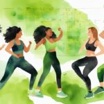 Moderne Aquarellillustration einer vielfältigen Gruppe von Frauen, die in einem Zumba-Kurs trainieren, mit einem digitalen Kalender an der Wand, der zeigt, wie oft Zumba zum Abnehmen stattfindet