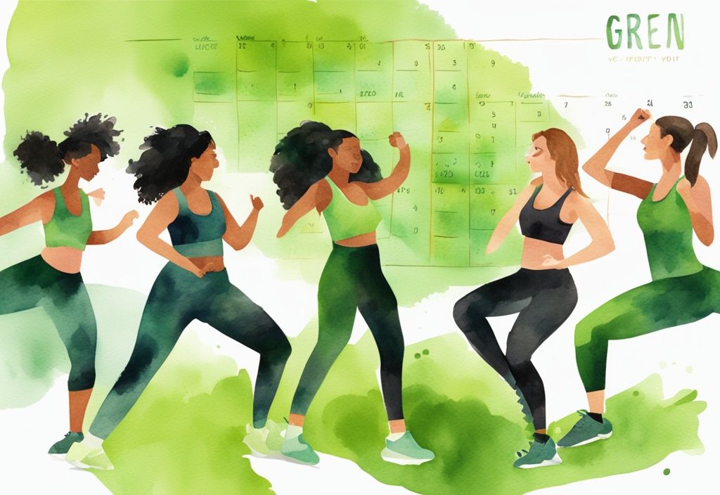 Moderne Aquarellillustration einer vielfältigen Gruppe von Frauen, die in einem Zumba-Kurs trainieren, mit einem digitalen Kalender an der Wand, der zeigt, wie oft Zumba zum Abnehmen stattfindet