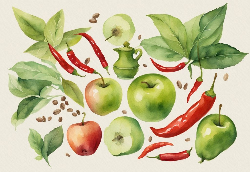 Moderne Aquarellillustration von Lebensmitteln, die braunes Fett anregen, einschließlich grüner Tee, Äpfel und Chilischoten, in grünem Farbschema.