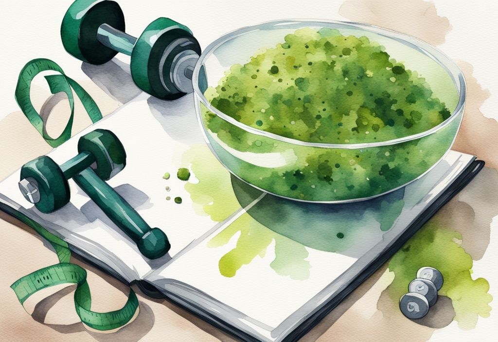 Moderne Aquarellillustration mit grüner Farbgebung, Maßband um eine Glasschale mit Flohsamenschalen zum Abnehmen, Fitnessjournal und Hanteln im Hintergrund.