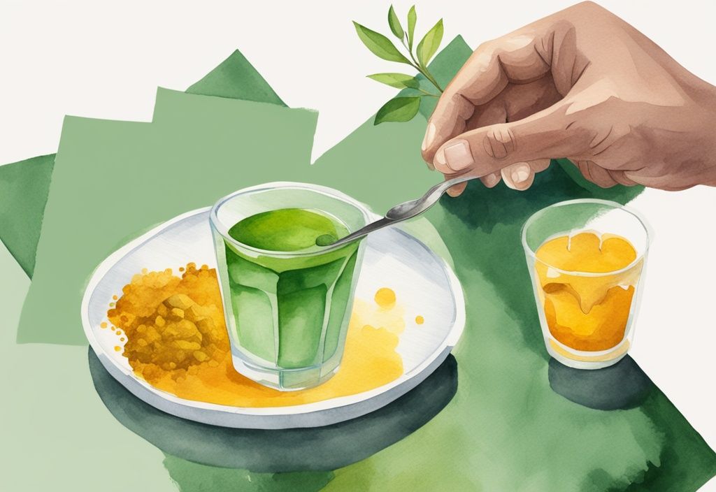 Moderne Aquarellillustration mit grünem Farbschema, Hand hält Teelöffel Kurkuma, Glas Wasser und Waage im Hintergrund, symbolisiert Konzept des Gewichtsverlusts, wie viel Kurkuma am Tag zum Abnehmen.