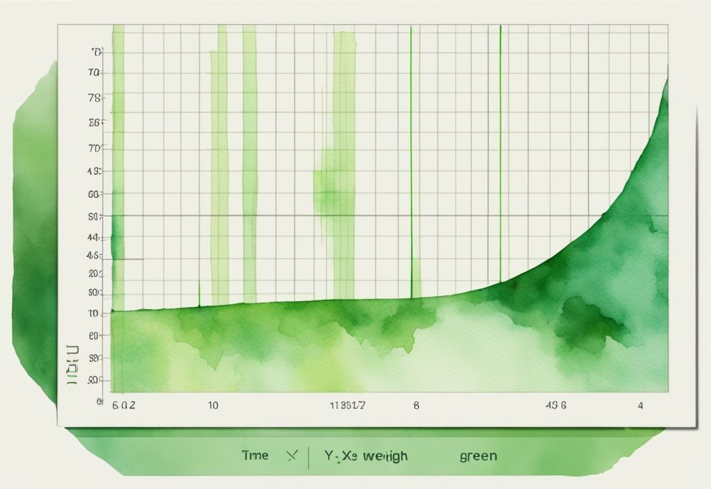 Moderne Aquarellillustration mit grünem Farbschema, zeigt einen Graphen mit Zeit auf der x-Achse und Gewicht auf der y-Achse, der einen schnellen Gewichtsverlust, eine Plateauphase und eine Fortsetzung des Gewichtsverlusts darstellt; wie lange dauert Plateauphase beim Abnehmen.