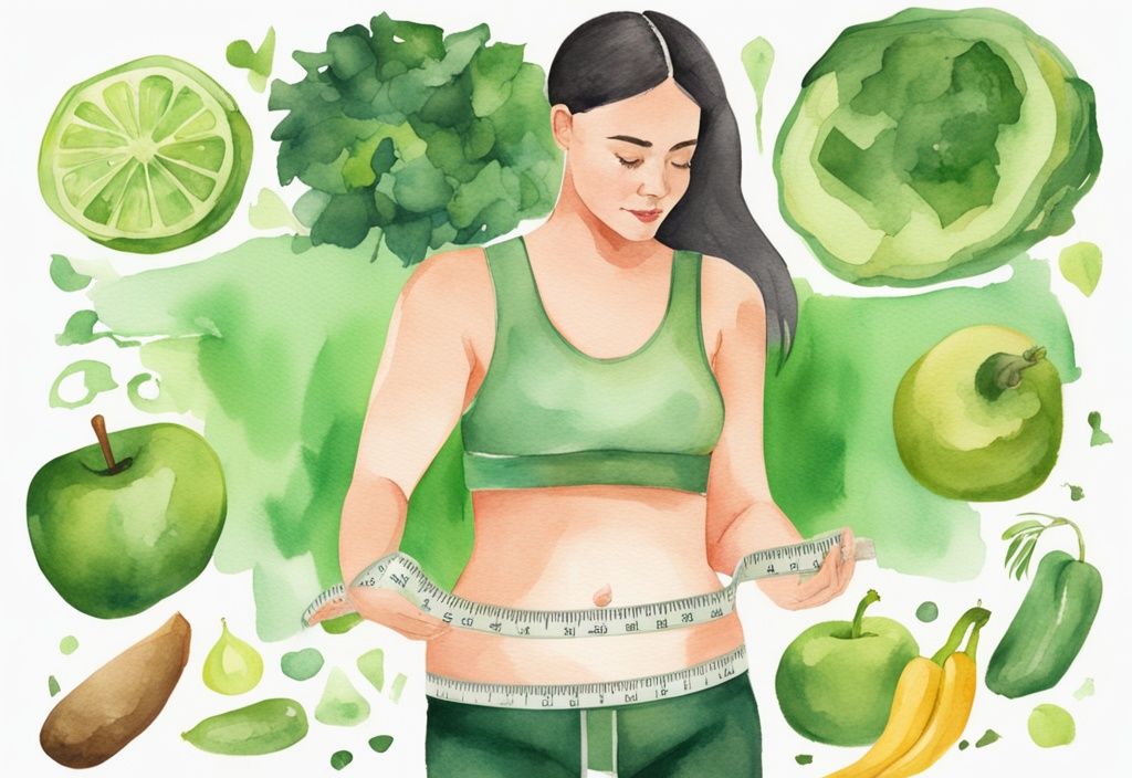 Moderne Aquarellillustration einer entschlossenen Frau, die ihre Taille misst, vor einem Hintergrund mit Collagen von Fitnessübungen, gesunder Ernährung und einer Waage, die ihre Reise zum radikal abnehmen egal wie darstellt.